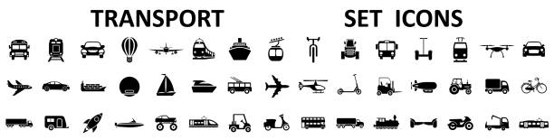 набор значков транспорта, транспортного средства и доставки. символы доставки плоских грузов - вектор акций - silhouette bus symbol motor scooter stock illustrations