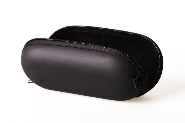 Open black protective sunglasses case on zipper isolated on white background