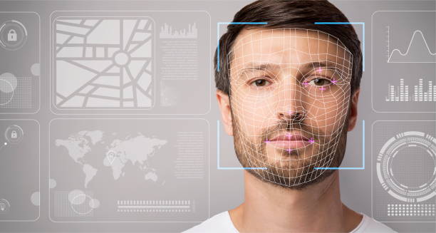 istock Security check. Scan of young guy against virtual screen with data, copy space. Panorama 1214222395