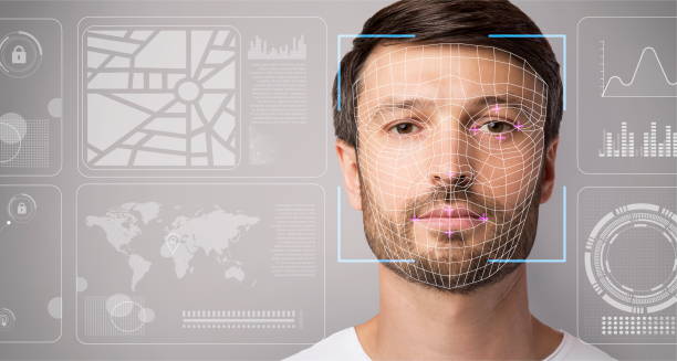 Security check. Scan of young guy against virtual screen with data, copy space. Panorama Security check concept. Scan of young guy against virtual screen with data, copy space. Panorama biometrics photos stock pictures, royalty-free photos & images