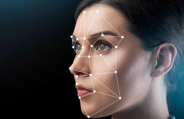 istock Beautiful woman with scanning grid on her face against black background, space for text. Panorama 1214222410