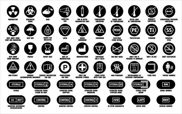 ilustraciones, imágenes clip art, dibujos animados e iconos de stock de conjunto completo de símbolos de empaquetado de dispositivos médicos con información de advertencia. paquete de medicamentos iconos redondos negros aislados en blanco. normas internacionales iso, ansi, aami, fda con descripción - látex