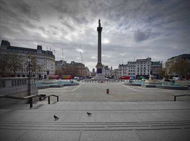 Trafalgar Square in the heart of London - empty on a weekday morning, when it would normally be filled with tourists.Iconic London locations empty at the start of the Corona Virus epidemic
