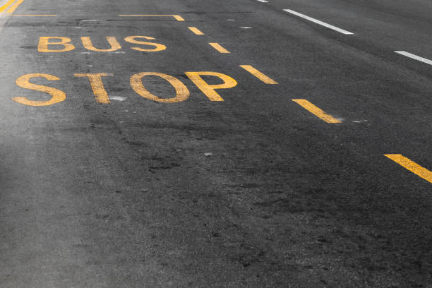 Yellow bus stop marking over urban asphalt road, public transportation background photo
