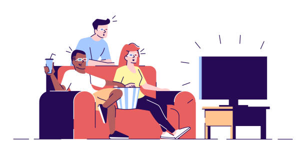 freunde sehen filme flache vektor-illustration. jungen, mädchen in 3d-brille genießen tv-serien, film zu hause. studenten essen popcorn isoliert zeichentrickfiguren mit umrisselemente auf weißem hintergrund - watching tv stock-grafiken, -clipart, -cartoons und -symbole