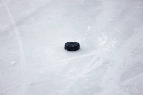 istock Black old ice hockey puck on ice rink. 1214226758