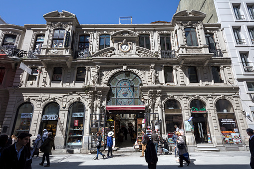 Beyoglu, Istanbul, Turkey, April 3, 2017 : Exterior view of The Flower Passage on Istiklal Avenue in the Beyoglu district of Istanbul