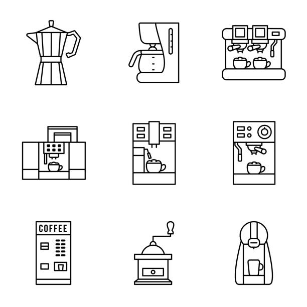 Coffee maker line icon set. Different types of coffee machines. Capsule, espresso, cappuccino latte and grinder. Concept for web site and printed materials. Editable strokes. Coffee maker flat line icon set. Different types of coffee machines. Capsule, espresso, cappuccino latte and grinder. Concept for web banners and printed materials. Editable strokes. coffee maker stock illustrations