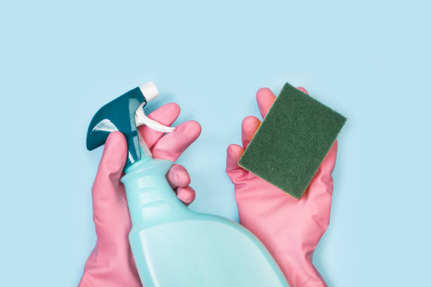 istock Hands holding a cleaning sponge and a cleaning product sprayer 1214230558