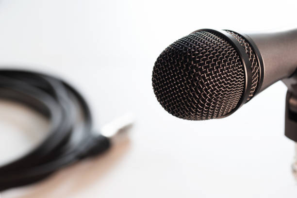 istock Microphone head closeup and balanced cable in background isolated on white 1214233133