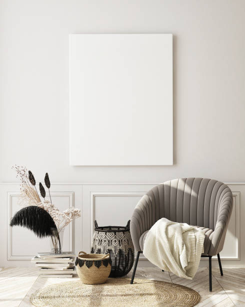 istock mock up poster frame in modern interior background, scandinavian style, 3D render 1214237028