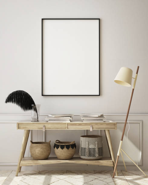 istock mock up poster frame in modern interior background, scandinavian style, 3D render 1214237089