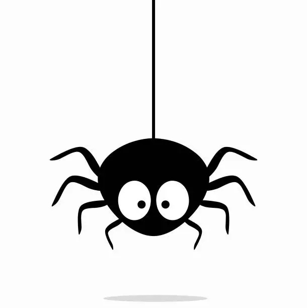 Vector illustration of Cute black spider hangs on a spider web isolated on white background. Vector illustration EPS 10