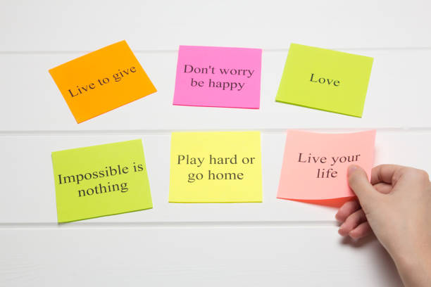 istock The hand lays out motivational cards. Color sheets with quotes. Visualization Board, self-discipline, development, training. Flat lay, top view. plan, strategy, concept, future. 1214238771