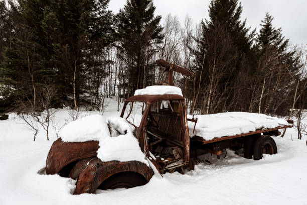 Old rusty pickup truck on snow field