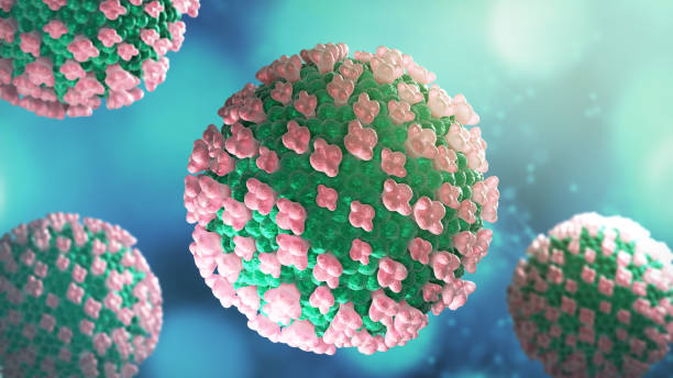 istock Coronavirus microscopic view Floating influenza virus cells 3d rendering background 1214241707