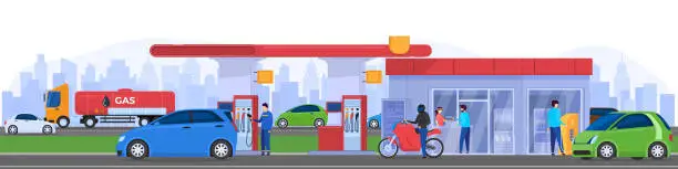 Vector illustration of Gas station in city, people refueling cars, vector illustration