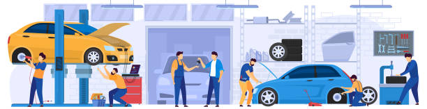 Car service, professional maintenance and diagnostic, people vector illustration Car service, professional maintenance and diagnostic, vector illustration. Mechanic in work uniform, men cartoon characters repairing cars in garage workshop. Automobile service center, people at job mechanic stock illustrations