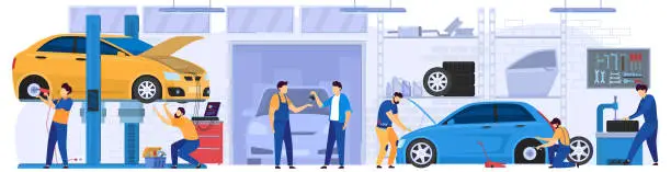 Vector illustration of Car service, professional maintenance and diagnostic, people vector illustration