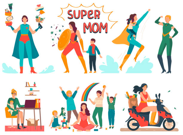 ilustrações de stock, clip art, desenhos animados e ícones de superhero mother and child, cartoon character people vector illustration - super baby