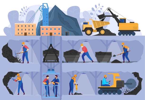Coal mine industry, people working in underground caverns, vector illustration Coal mine industry, people working in underground caverns, vector illustration. Miners cartoon characters, coal extraction and transportation. Mining factory, men and machinery work in tunnels, set tunnel illustrations stock illustrations