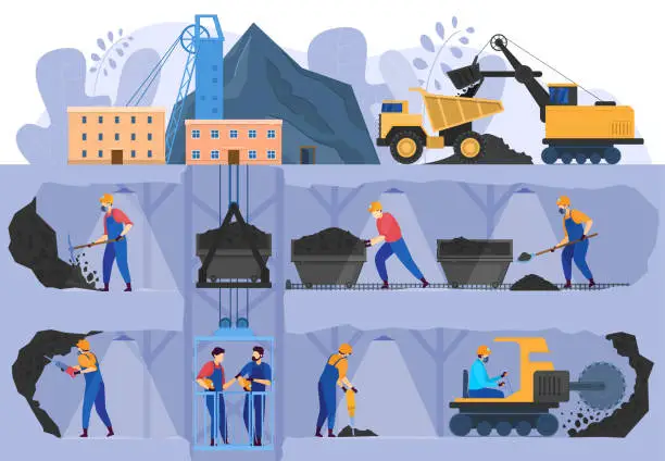 Vector illustration of Coal mine industry, people working in underground caverns, vector illustration