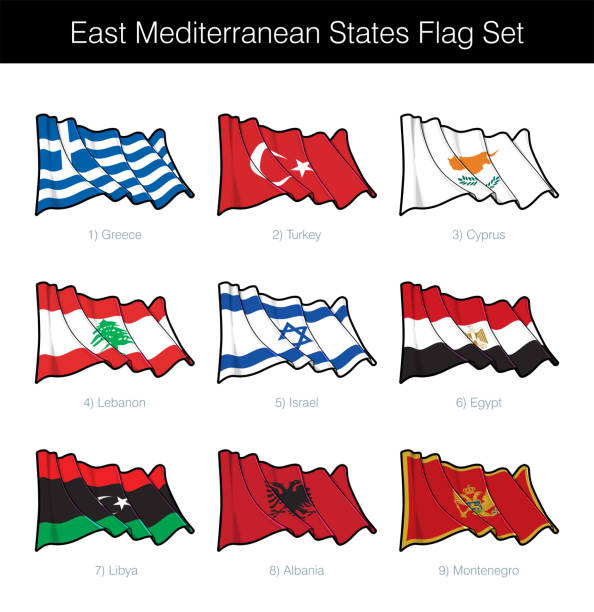 doğu akdeniz devletleri bayrak seti sallayarak - karadağ bayrağı stock illustrations