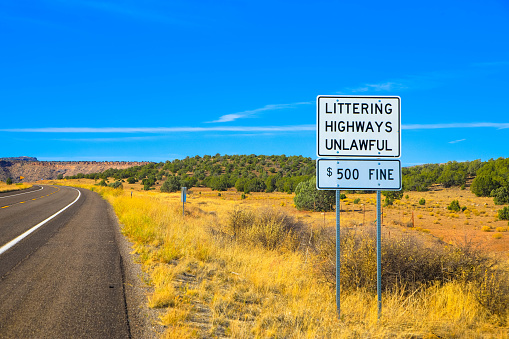 Littering Highways Unlawful Sign, Mojave County, Arizona USA