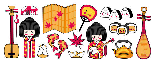 cute gejsza dziewczyna gra shamisen, biwa, sushi, koi karpie i origami. - tattoo japanese culture women asian ethnicity stock illustrations