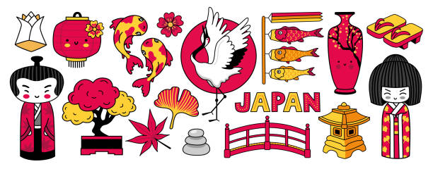 kawaii japoński gejsza, bonsai, koinobori, koi karpie, żuraw. ogród japoński. - tattoo japanese culture women asian ethnicity stock illustrations
