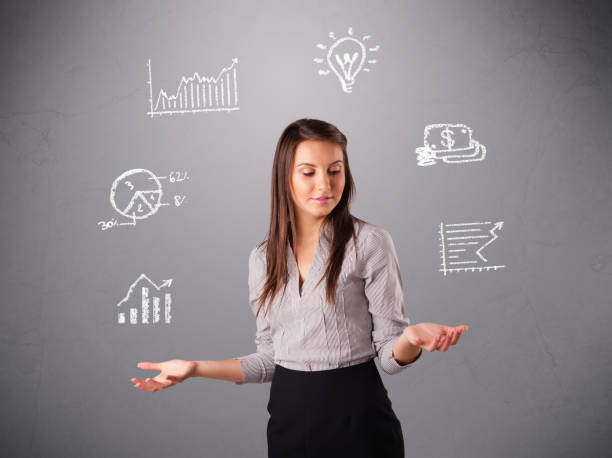 istock beautiful young woman juggling with statistics and graphs 1214244610