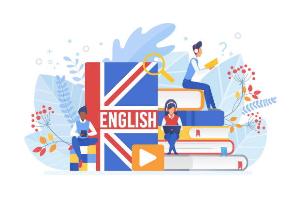 menschen, die englisch isometrische vektor-illustration lernen. fernunterricht, online-lernkonzept. schüler lesen bücher 3d zeichentrickfiguren. verwenden von hightech-gadgets für den fremdsprachenunterricht. - england stock-grafiken, -clipart, -cartoons und -symbole