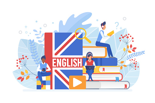 People learning English isometric vector illustration. Distance education, online learning concept. Students reading books 3d cartoon characters. Using hi-tech gadgets for teaching foreign languages