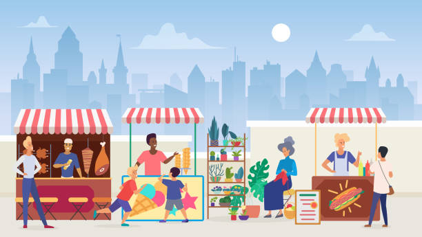 Street food market flat vector illustration Street food market flat color vector illustration. Outdoor marketplace in megapolis. Vendors and customers. Sellers at shawarma and icecream takeaway stalls. Modern cityscape background market stall stock illustrations