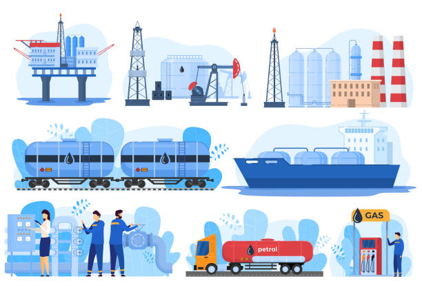 ilustrações, clipart, desenhos animados e ícones de logística de petróleo, indústria de gás, transporte de processamento de extração de combustível, ilustração vetorial - embarcação industrial