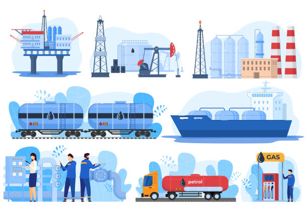Oil logistic, gas industry, fuel extraction processing transportation, vector illustration Oil logistic, gas industry, fuel extraction processing and transportation, vector illustration. Offshore oil rig, gas factory, train and car cisterns. Petroleum production industry, gasoline logistic industrial ship stock illustrations