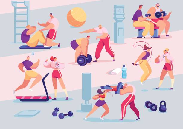 ilustraciones, imágenes clip art, dibujos animados e iconos de stock de deportista entrenador personal en gimnasio, caricaturas - entrenador personal