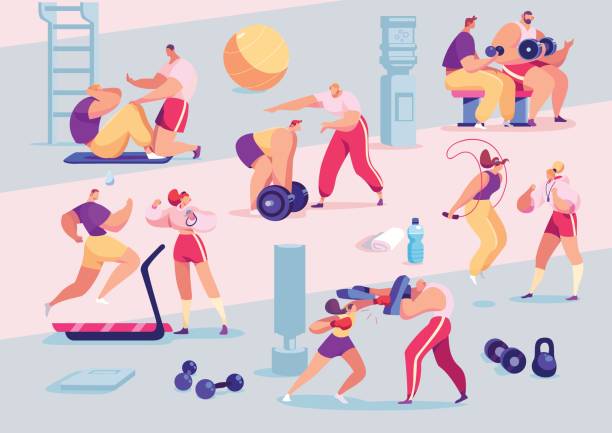 Sport people individual personal trainer coach in gym, cartoon s Sport people individual personal trainer coach in gym, cartoon sport characters workout vector illustration. Men women training exercising fitness center active healthy lifestyle. Yoga cardio training personal trainer stock illustrations