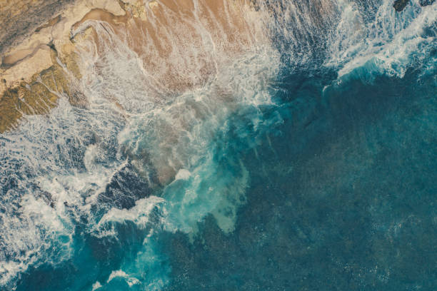 istock Big ocean waves hitting a rocky beach. View from above. 1214245768