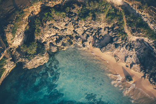 Bali rocky shores on the south Bukit. Aerial drone shot.