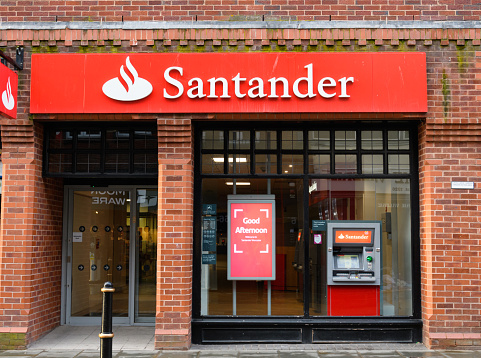 Worcester, United Kingdom - March 15 2020:  The frontage of Santander Bank on Broad Street