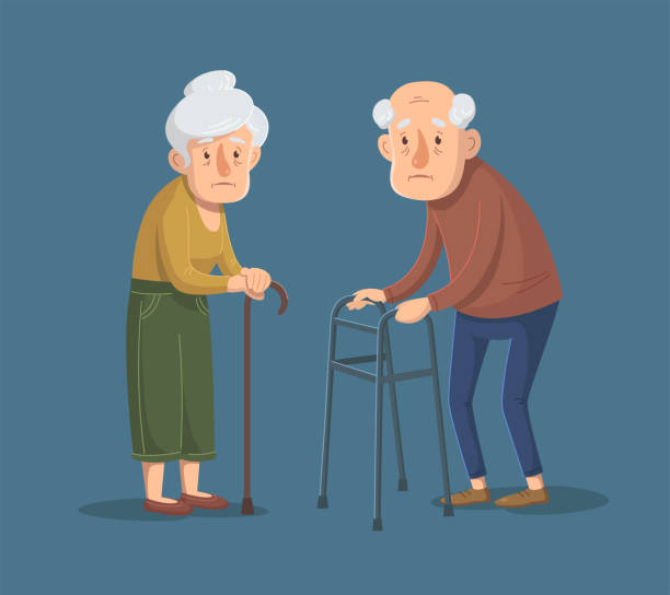 Couple Of Old People Is Standing With Walking Frame And Stick Vector  Illustration Stock Illustration - Download Image Now - iStock
