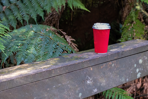 Disposable red coffee cup on wooden railing in rain forest - environment and ecology concept