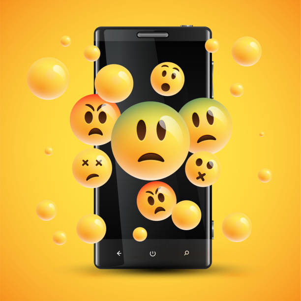 istock Realistic happy yellow emoticons in front of a cellphone, vector illustration 1214249163