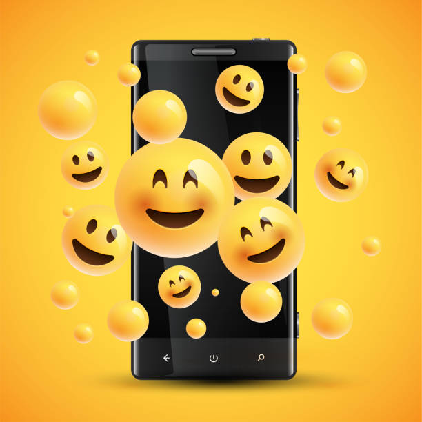 istock Realistic happy yellow emoticons in front of a cellphone, vector illustration 1214249341