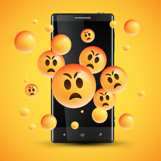istock Realistic happy yellow emoticons in front of a cellphone, vector illustration 1214249628