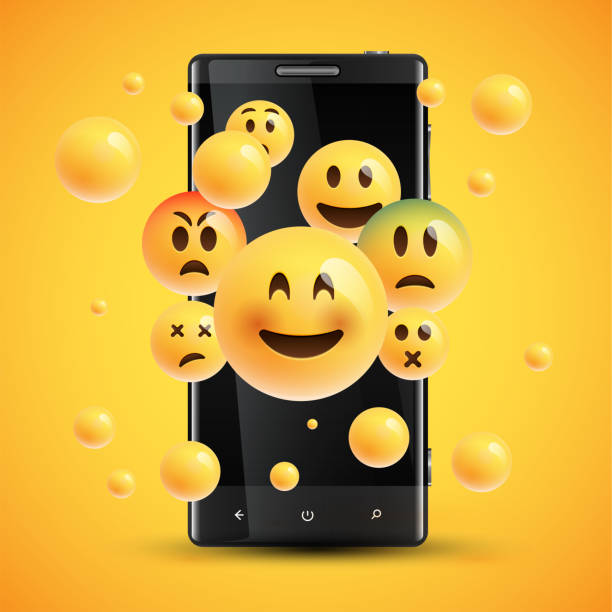 istock Realistic happy yellow emoticons in front of a cellphone, vector illustration 1214250081