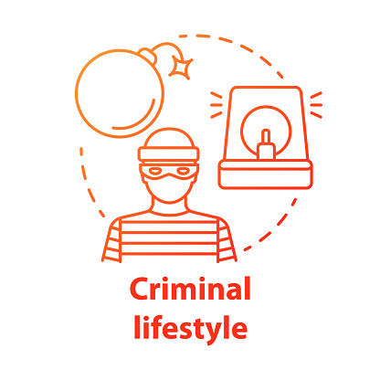 Criminal lifestyle red concept icon. Committing crime idea thin line illustration. Terrorist with bomb. Robber, housebreaker. Terrorism attack. Vector isolated outline drawing. Editable stroke