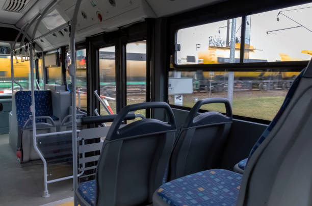 istock Inside the city bus. Panoramic view from the rear seat. 1214252716