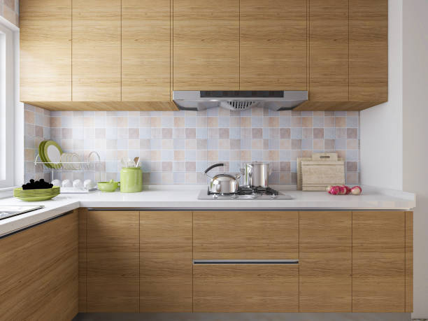 istock 3D rendering,Modern family kitchen design, new cabinets and kitchenware with refrigerators, sunlight from the window. 1214253378